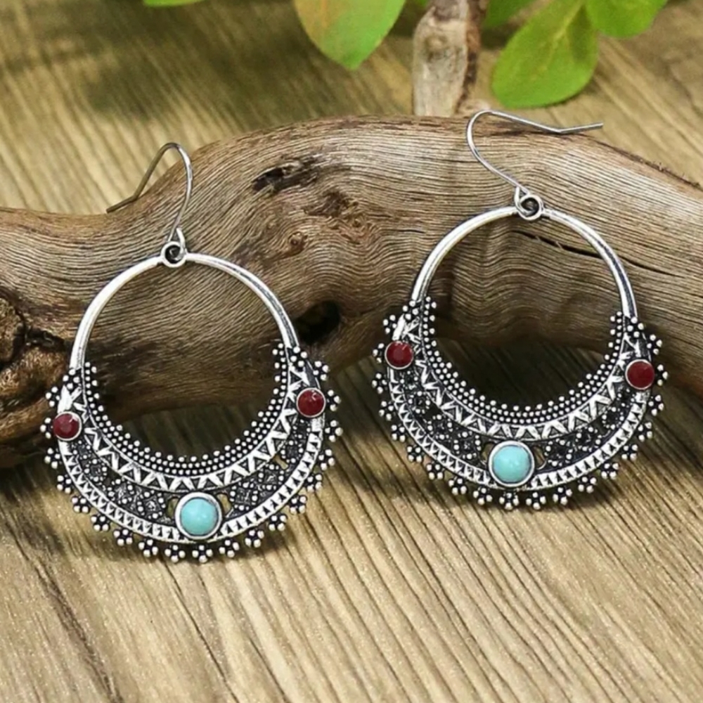 NEW Round Open Silver Turquoise Red Hoop Dangle Earrings Boho Vintage